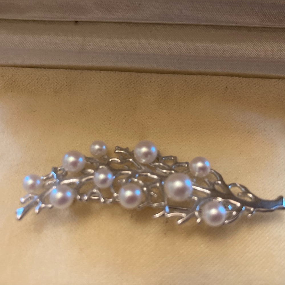 MIKIMOTO silver tree of life pin with box.